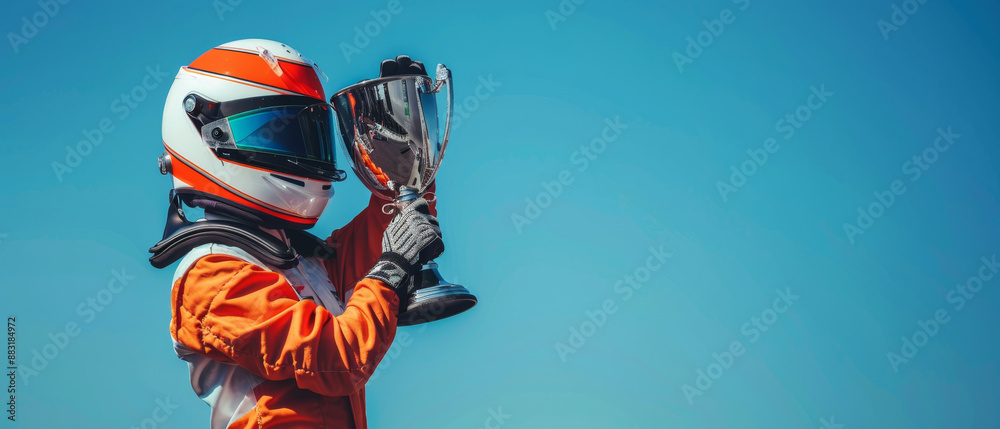 A triumphant racer holding a trophy aloft, clad in racing gear and helmet, celebrates under a clear blue sky, embodying victory and achievement. A triumphant racer holding a trophy aloft, clad in racing gear and helmet, celebrates under a clear blue sky, embodying victory and achievement.