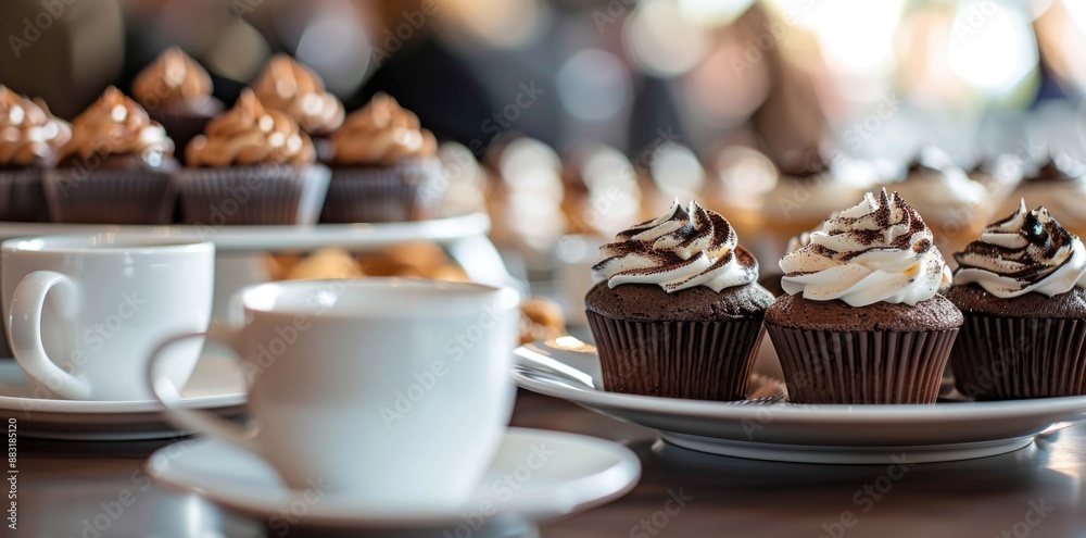 Close up of coffee cups and chocolate cupcakes on a table at event. Close up of coffee cups and chocolate cupcakes on a table at event.