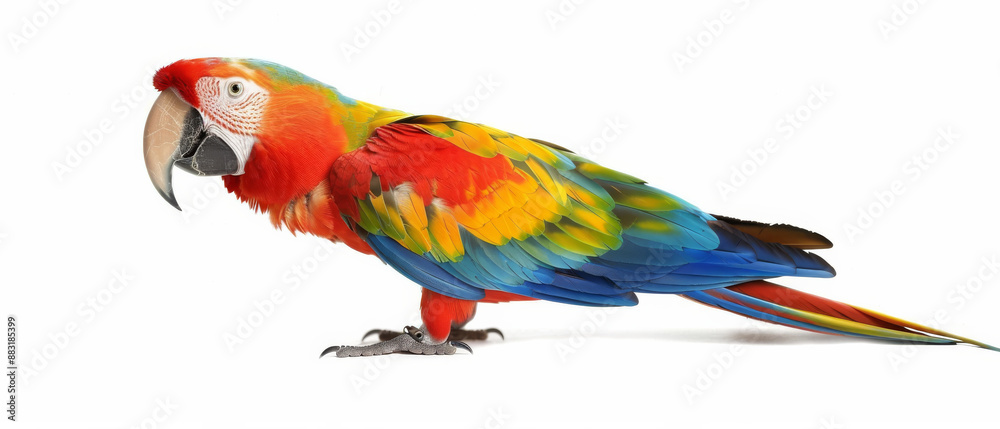 Fototapeta premium A bright, colorful parrot with a mix of red, blue, yellow, and green feathers, posing against a plain white background.