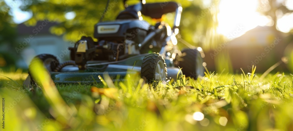 Lawn mower on the green grass in front yard. Lawn mower on the green grass in front yard.