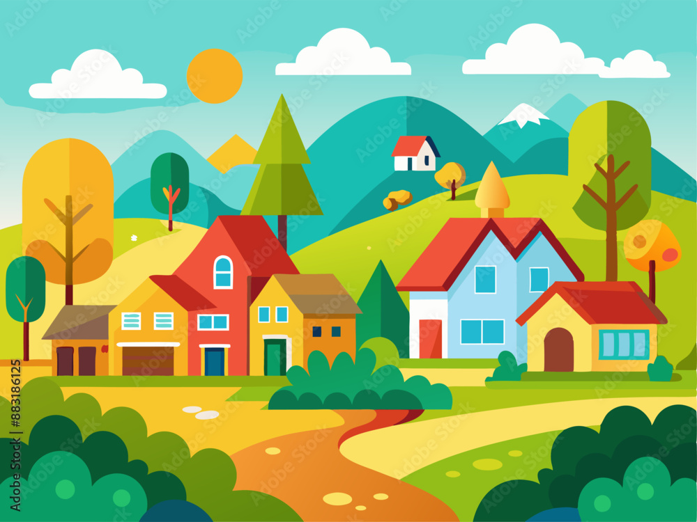 Cartoon Vector Countryside with Houses and Green Fields - Children's Book Style