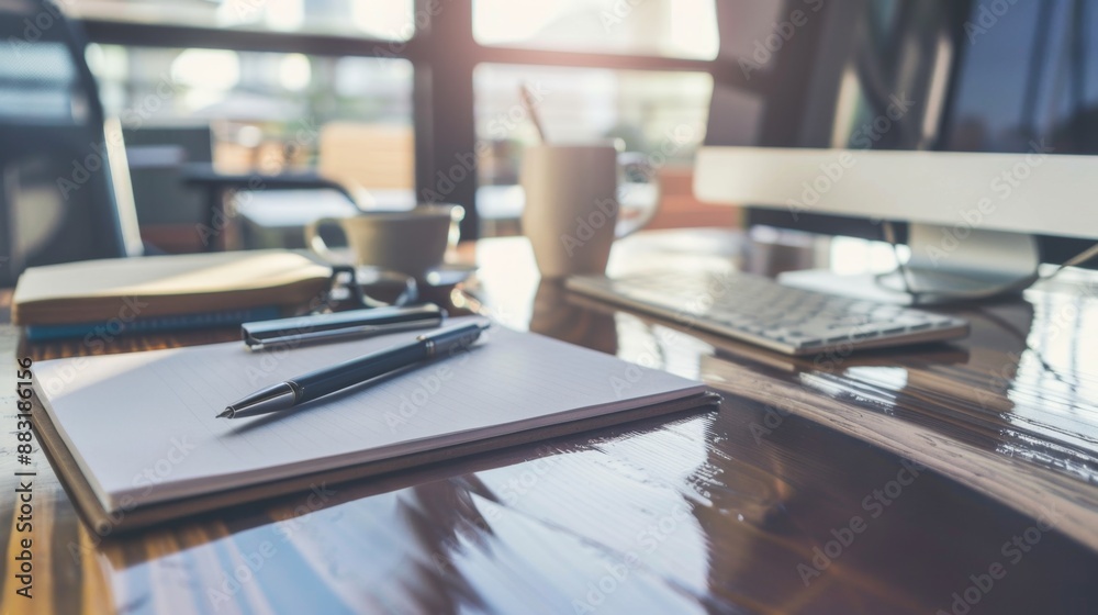 Notebook, Pen, and Desktop in a Sunny Office. Notebook, Pen, and Desktop in a Sunny Office.