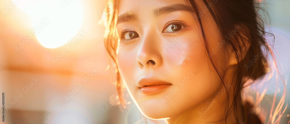 Bathed in golden sunlight, a serene woman’s face glows softly, her expression calm and reflective in the warm embrace of the light. Bathed in golden sunlight, a serene woman’s face glows softly, her expression calm and reflective in the warm embrace of the light.