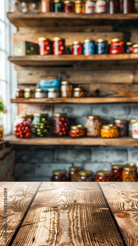 mockup Empty wooden table against the blurred background of the modern kitchen or cellar with shelves on which there are cans of canned vegetables, mushrooms and jam. The concept of autumn harvesting. mockup Empty wooden table against the blurred background of the modern kitchen or cellar with shelves on which there are cans of canned vegetables, mushrooms and jam. The concept of autumn harvesting.
