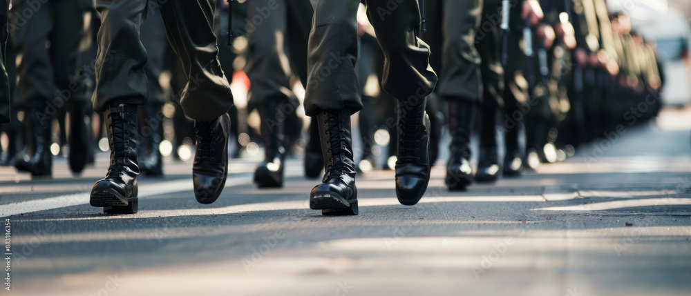 Rows of soldiers in uniform marching in unison, their boots hitting the ground with precision, symbolizing discipline, unity, and strength in a military display. Rows of soldiers in uniform marching in unison, their boots hitting the ground with precision, symbolizing discipline, unity, and strength in a military display.