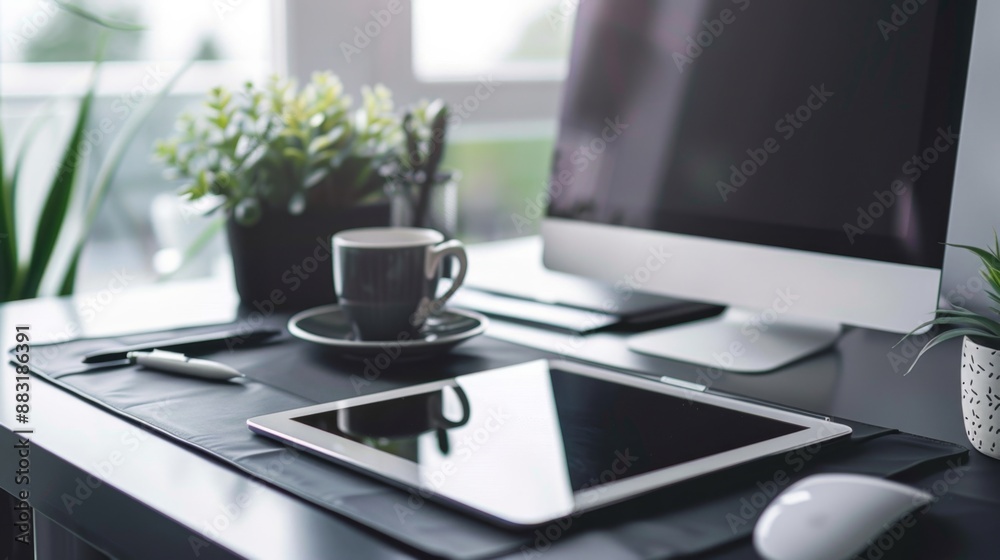 Modern Office Desk with Laptop, Plants, and Coffee. Modern Office Desk with Laptop, Plants, and Coffee.