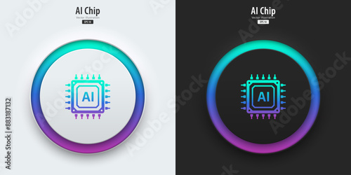 AI chipset icon. Futuristic artificial intelligence symbol. A set of buttons with microchip symbols. Neumorphism style, UI UX design. large data processing, database concept. Vector illustration.