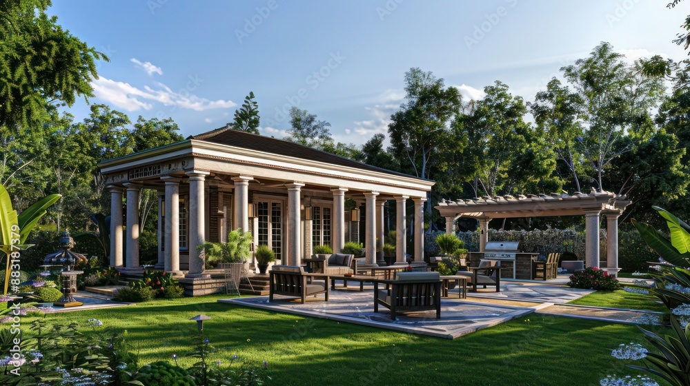 Fototapeta premium Suburban Colonial home with a backyard pavilion, styled as a classic Greek temple, offering a regal setting for garden parties