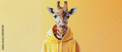 A whimsical image of a giraffe wearing a yellow hoodie set against a solid yellow background, combining fun and absurdity in a playful manner.