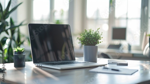 Wallpaper Mural Modern Office Desk with Laptop, Plants, and Documents. Torontodigital.ca