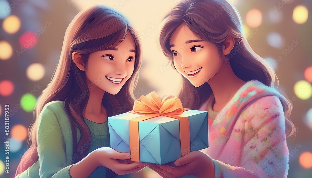 Friends exchanging gifts and smiling Friends exchanging gifts and smiling