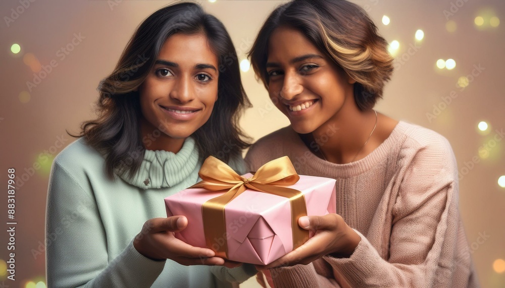 Friends exchanging gifts and smiling Friends exchanging gifts and smiling