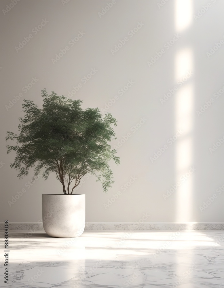 Fototapeta premium foliage floor tropical wall shadow blurred background white marble concept summer soft presentation natural beautiful jungle light minimalistic tropics window green background