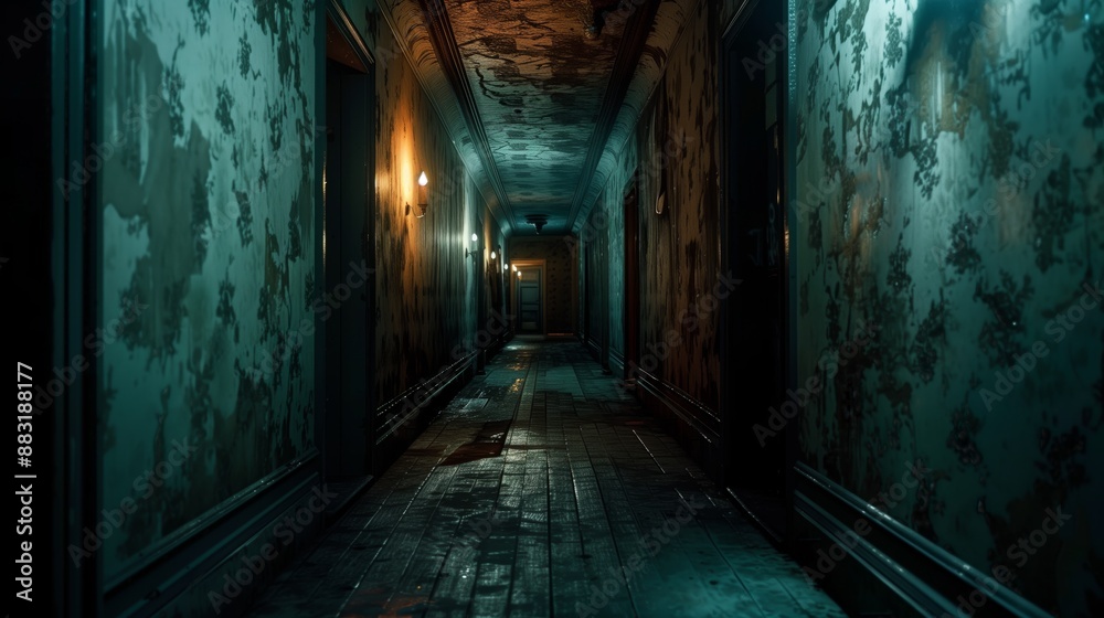 a dark, abandoned hallway with flickering lights, peeling wallpaper, and eerie shadows lurking around every corner. a dark, abandoned hallway with flickering lights, peeling wallpaper, and eerie shadows lurking around every corner.