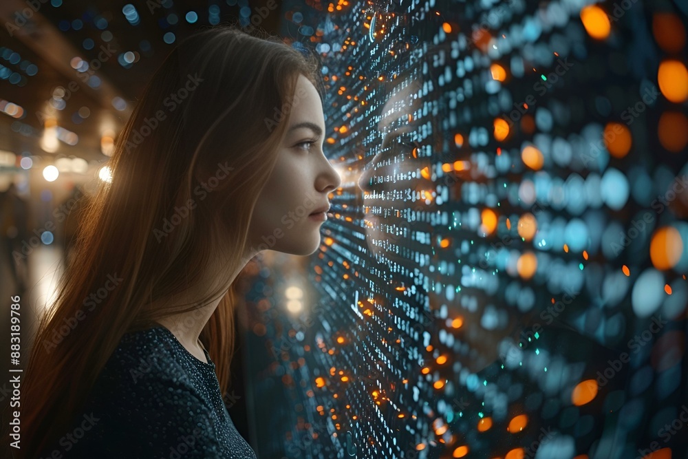 a woman standing in front of a wall of lights. a woman standing in front of a wall of lights.