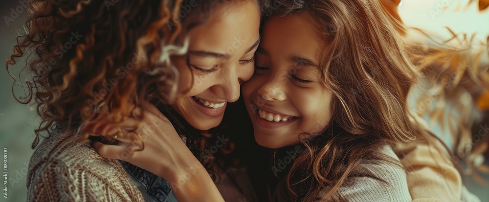 Fototapeta premium A mother and daughter, smiling together, their faces lit with happiness