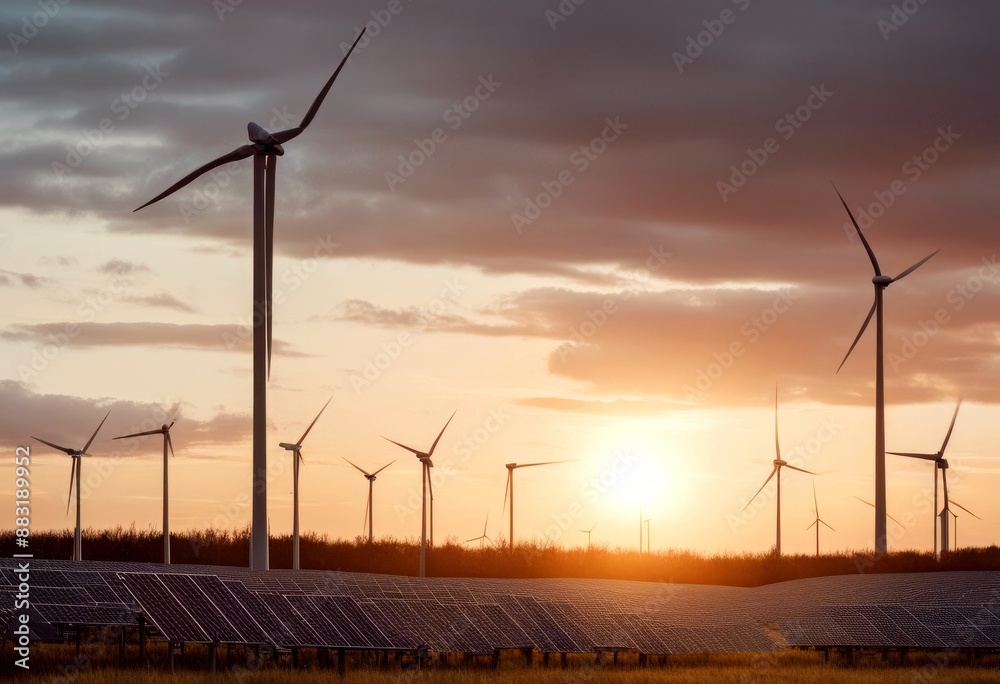 Obraz premium sunset wind solar farm renewable energy green alternative