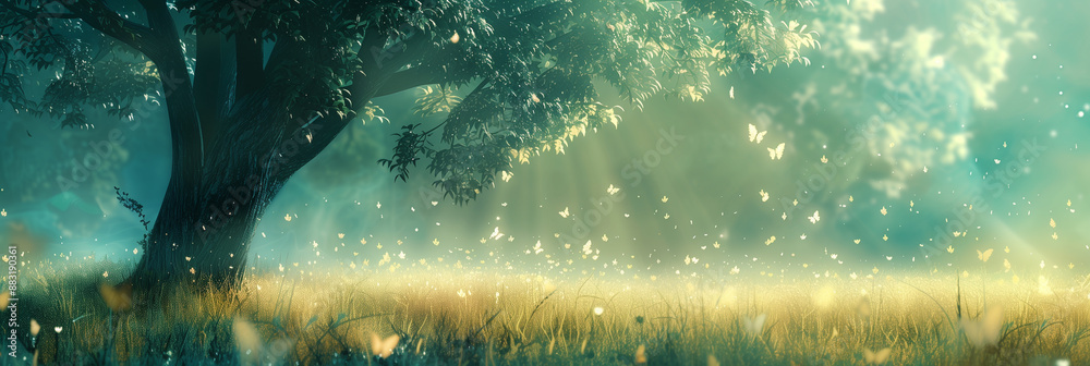 Fototapeta premium Japanese fantasy eastern landscape. Anime Spring summer autumn art background. Morning big tree, green grass rays of sunshine, butterfly's. Poster invitation flyer banner header. Generative Ai content