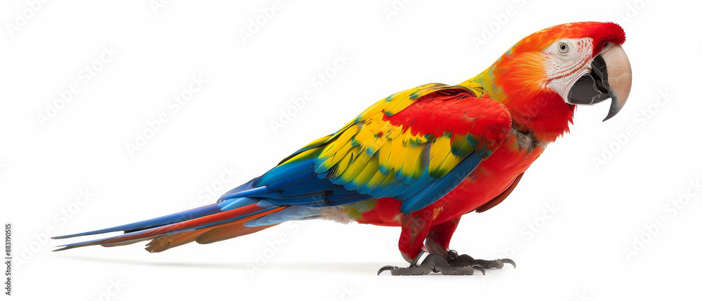 Obraz premium A colorful parrot with predominantly red, blue, yellow, and green feathers, shown against a plain, white background.