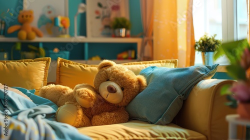 Cute teddy bear relaxing on a cozy sofa in a bright sunny living room photo