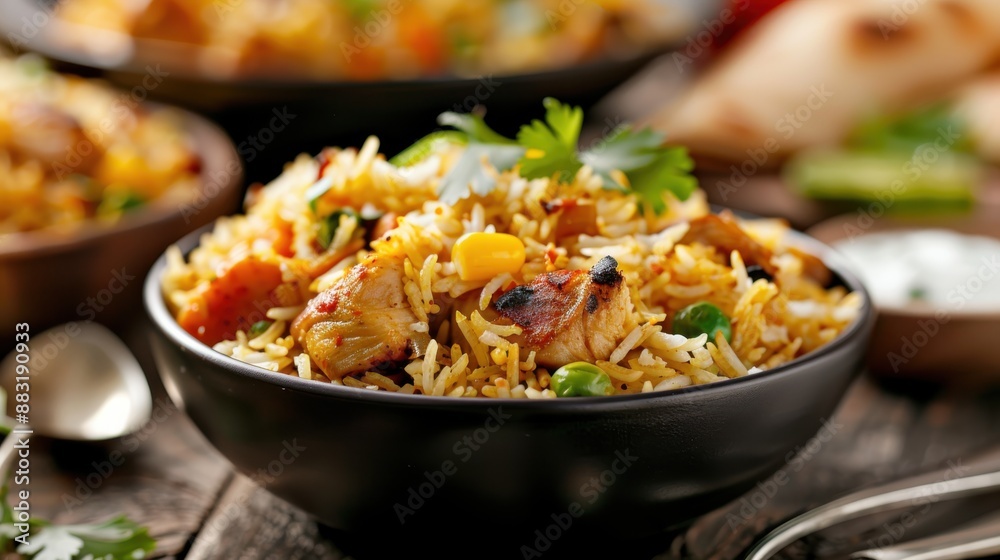 A fragrant, spicy Indian chicken biryani dish served in a bowl, garnished with fresh coriander, vegetables, and a side of flatbread on a rustic wooden table, ideal for festive occasions. A fragrant, spicy Indian chicken biryani dish served in a bowl, garnished with fresh coriander, vegetables, and a side of flatbread on a rustic wooden table, ideal for festive occasions.