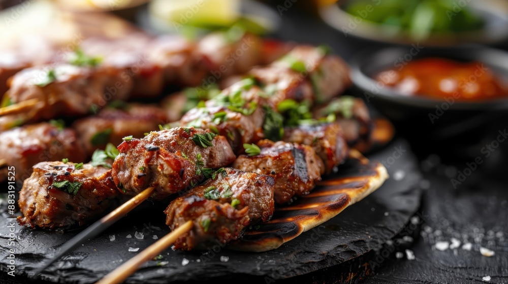 Deliciously grilled meat skewers are perfectly cooked and garnished with freshly chopped herbs, offering a mouth-watering and visually appealing dish. Deliciously grilled meat skewers are perfectly cooked and garnished with freshly chopped herbs, offering a mouth-watering and visually appealing dish.