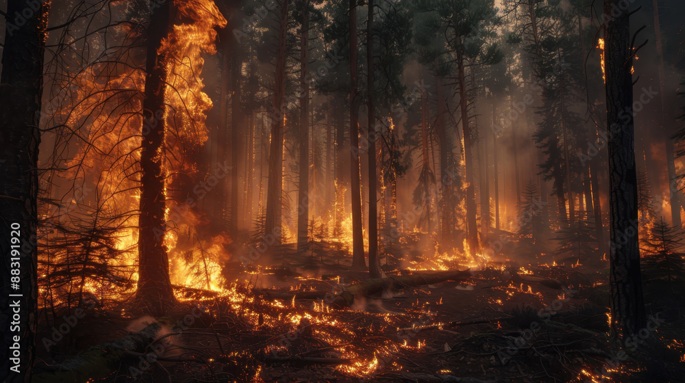 Forest wildfire in dense pine forest with intense flames and thick smoke during sunset Forest wildfire in dense pine forest with intense flames and thick smoke during sunset