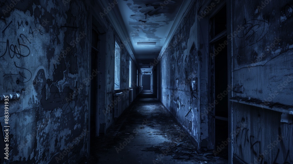 a dark corridor in an abandoned hospital at night, illuminated by a flickering flashlight beam. a dark corridor in an abandoned hospital at night, illuminated by a flickering flashlight beam.