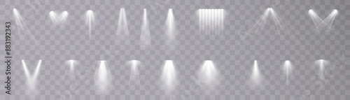 Spotlight. Set of vector isolated spotlight light effects. White glowing spotlight on a transparent background. Vector 10 EPS. Adobe Illustrator Artwork