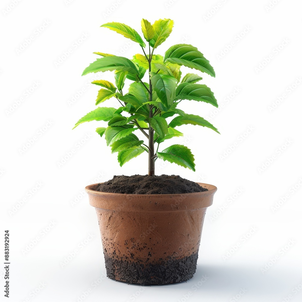 Compact tree sapling in a pot, promoting forest protection and reforestation. Single Object on white background Compact tree sapling in a pot, promoting forest protection and reforestation. Single Object on white background