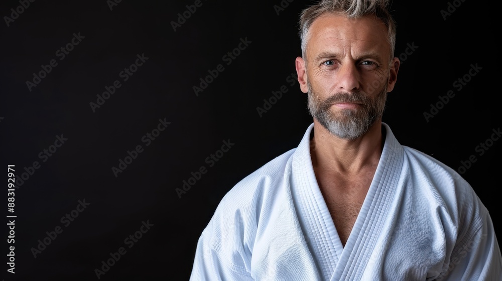 A portrait of a karate instructor in a white gi against a black background, exuding calm authority and discipline, highlighting his experienced demeanor and structured posture. A portrait of a karate instructor in a white gi against a black background, exuding calm authority and discipline, highlighting his experienced demeanor and structured posture.