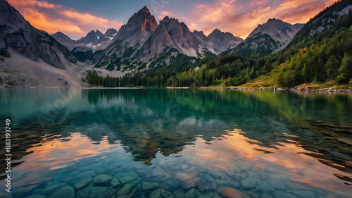 Majestic Alpine Glow Sunset Reflective Mountain Lake Serene Nature Scenery High Resolution Wallpaper Background Full HD 4K 8K Photo Download