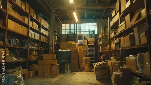 Vast Industrial Warehouse Packed with High Shelving and Crowded Cardboard Boxes