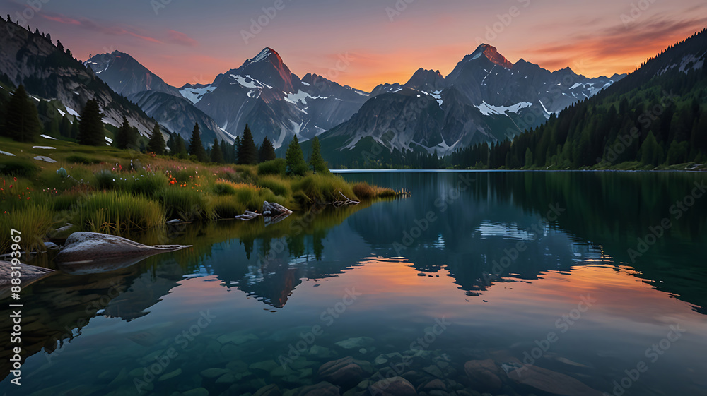 Serene Nature Scenery Full HD, 4K and 8K Photos of Alpine Glow Sunset at Reflective Mountain Lake Serene Nature Scenery Full HD, 4K and 8K Photos of Alpine Glow Sunset at Reflective Mountain Lake
