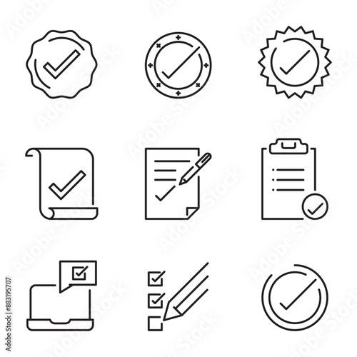 Checkmark and quality product thin line icon set. Outline symbol collection