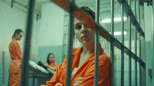 This image portrays a female inmate wearing an orange jumpsuit, leaning against the bars of a prison cell while two other inmates are visible in the background.