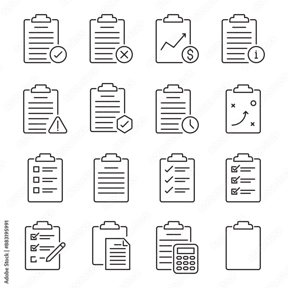 Clipboard, checklist, report, survey or agreement editable stroke outline icons set isolated on white background Clipboard, checklist, report, survey or agreement editable stroke outline icons set isolated on white background