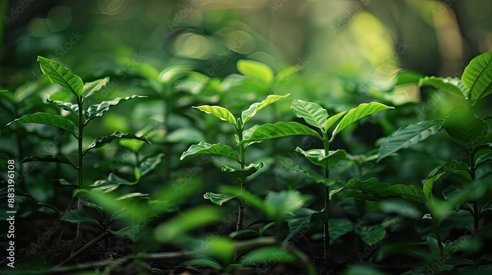 Enchanting Growth of Coffee Bean Seedlings in Lush Verdant Forest Backdrop Enchanting Growth of Coffee Bean Seedlings in Lush Verdant Forest Backdrop