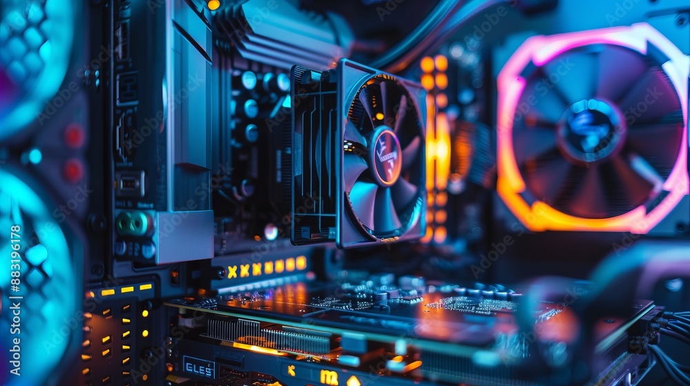 A high-resolution image capturing a modern PC's internal structure ...