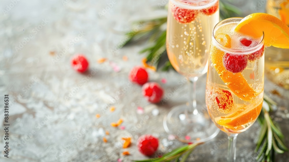 Sparkling beverage with orange slices and raspberries in elegant glass