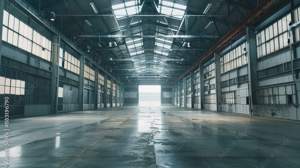 Obraz premium Spacious Warehouse Interior with High Ceiling and Large Windows