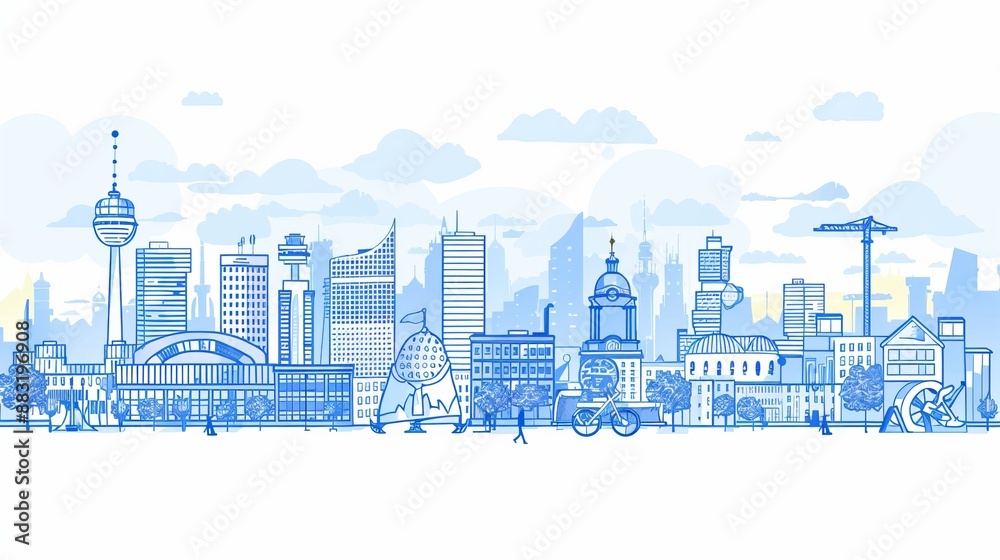 Obraz premium An intricate urban skyline illustration highlighting modern architecture and bustling public spaces, featuring a combination of buildings, landmarks, and human activities in a city setting.