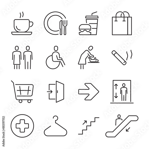 Toilet, food court, elevator, exit door and public navigation concept editable stroke outline icons set isolated on white background flat vector illustration