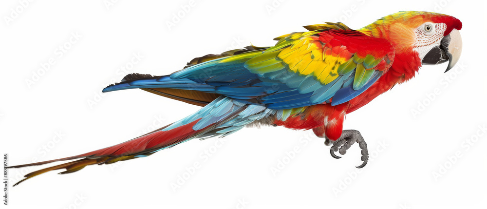 Obraz premium A vibrant parrot with richly colored red, blue, yellow, and green feathers, perched gracefully, showcasing its exquisite plumage.