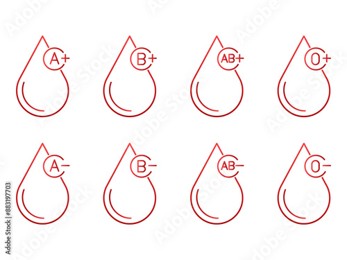 Blood types vector icons isolated on white. Drops of blood with blood type