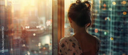 A woman stands pensively by a window overlooking a modern cityscape, bathed in the soft, warm light of sunset. photo