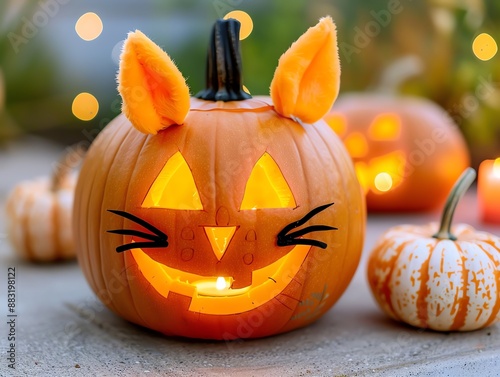 Festive Halloween pumpkin decorated with cat ears and a glowing face, surrounded by candles and mini pumpkins, creating a spooky atmosphere. photo