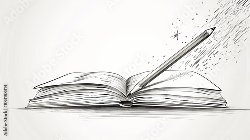 A pencil sketch coming to life on an open book, with dynamic lines and creative sparks around it, representing the genesis of an idea and the power of imagination.