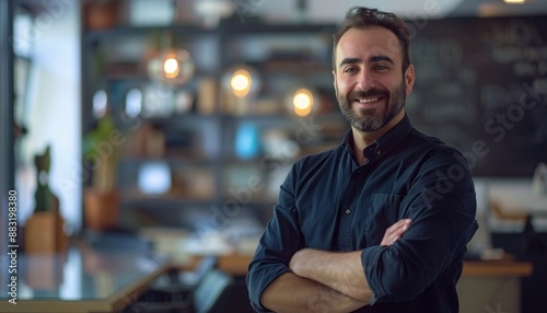Portrait with arms crossed and smiling, happy face creative business man with crossed arms