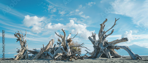 Sculptural driftwood structures set against a vibrant blue sky at a beach, with mountains visible in the background.